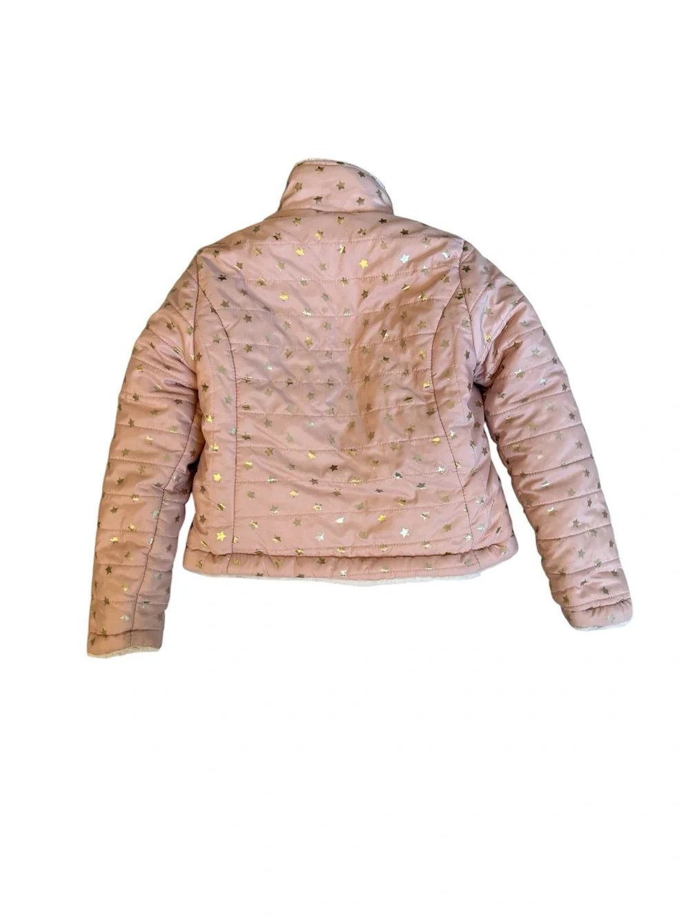 Pink Quilted Puff Jacket with Gold Star Print, Size 5
